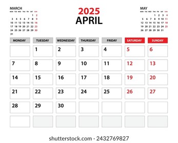 Plantilla de calendario 2025, abril 2025 año, plantilla de planificador, planificadores mensuales y anuales, lunes de inicio de semana, diseño de calendario de pared, planificador corporativo, calendario de escritorio 2025, impresión, vector