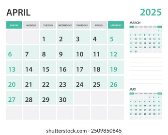 Calendar 2025 template- April 2025 year, monthly planner, Desk Calendar 2025 template, Wall calendar design, Week Start On Sunday, Stationery, printing, office organizer vector