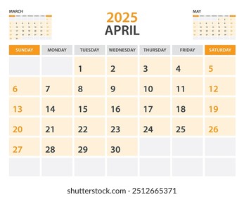 Calendar 2025 template- April 2025 year, monthly planner, Desk Calendar 2025 template, Wall calendar design, Week Start On Sunday, Stationery, printing, office organizer vector, orange background