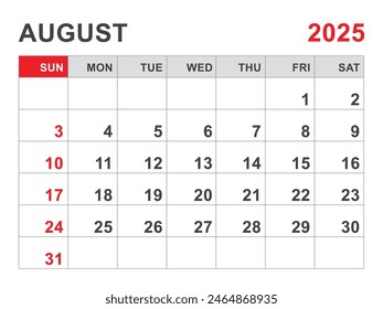 Calendario 2025 Plantilla, diseño de agosto 2025, planificador mensual minimalista imprimible, Plantilla Desk Calendar 2025, Diseño de calendario de pared, Inicio de semana el domingo, Papelería, impresión, color rojo, Vector
