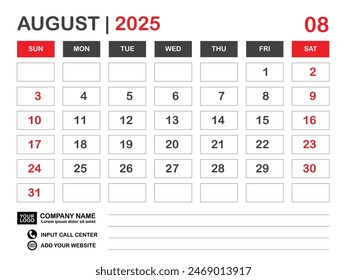 Calendar 2025 template, August 2025 layout, Desk calendar 2025 year, Wall calendar design, Week starts on sunday, Planner, Printing media, poster, organizer, advertisement, Red background, vector