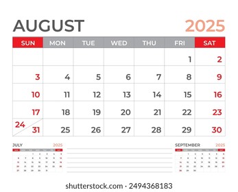 Calendar 2025 template, August 2025 page, Desk calendar 2025 year, planner design, Wall calendar, week starts on sunday, stationery design, Desk office, organizer office, vector eps10