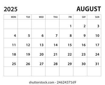 Calendar 2025 template - August 2025 vector on white background, week start on monday, Desk calendar 2025 year, Wall calendar design, corporate planner template, clean style, horizontal template