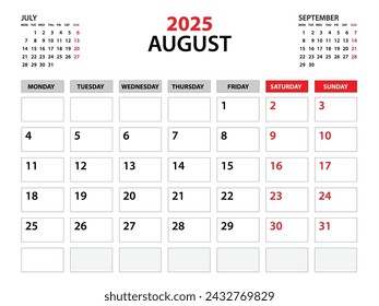 Plantilla de calendario 2025, año agosto 2025, plantilla de planificador, planificadores mensuales y anuales, lunes de inicio de semana, diseño de calendario de pared, planificador corporativo, calendario de escritorio 2024, impresión, vector