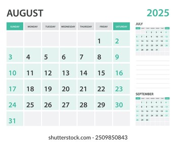 Calendar 2025 template- August 2025 year, monthly planner, Desk Calendar 2025 template, Wall calendar design, Week Start On Sunday, Stationery, printing, office organizer vector