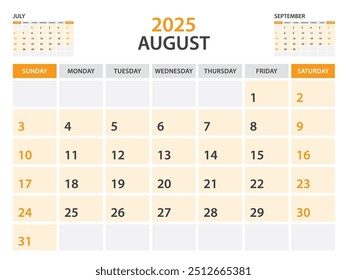 Calendar 2025 template- August 2025 year, monthly planner, Desk Calendar 2025 template, Wall calendar design, Week Start On Sunday, Stationery, printing, office organizer vector, orange background