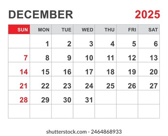 Calendario 2025 Plantilla, Diciembre 2025 layout, Planificador mensual minimalista imprimible, Calendario de escritorio 2025 Plantilla, Diseño de calendario de pared, Inicio de semana el domingo, Papelería, impresión, color rojo, Vector
