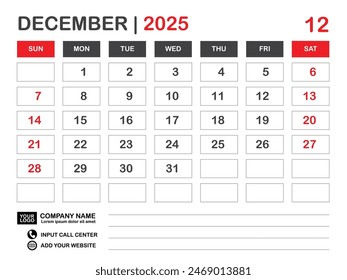 Calendario 2025 Plantilla, Diciembre 2025 layout, Calendario de mesa 2025 año, Diseño de calendario de pared, La semana comienza el domingo, Planificador, Medios de impresión, póster, organizador, publicidad, Fondo rojo, Vector