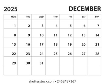Calendar 2025 template - December 2025 vector on white background, week start on monday, Desk calendar 2025 year, Wall calendar design, corporate planner template, clean style, horizontal template