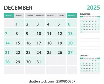 Calendar 2025 template- December 2025 year, monthly planner, Desk Calendar 2025 template, Wall calendar design, Week Start On Sunday, Stationery, printing, office organizer vector