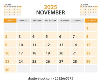 Calendar 2025 template- December 2025 year, monthly planner, Desk Calendar 2025 template, Wall calendar design, Week Start On Sunday, Stationery, printing, office organizer vector, orange background