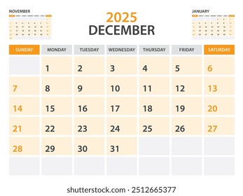 Calendar 2025 template- December 2025 year, monthly planner, Desk Calendar 2025 template, Wall calendar design, Week Start On Sunday, Stationery, printing, office organizer vector, orange background