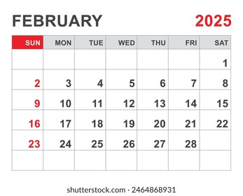 Calendario 2025 Plantilla, diseño de febrero 2025, planificador mensual minimalista imprimible, Plantilla Desk Calendar 2025, Diseño de calendario de pared, Inicio de semana el domingo, Papelería, impresión, color rojo, Vector
