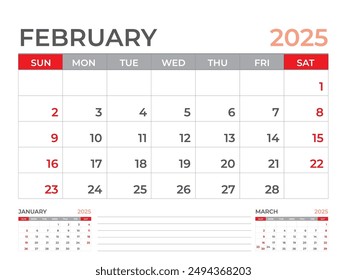 Calendar 2025 template, February 2025 page, Desk calendar 2025 year, planner design, Wall calendar, week starts on sunday, stationery design, Desk office, organizer office, vector eps10