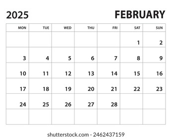 Calendario 2025 Plantilla - Febrero 2025 Vector sobre fondo blanco, inicio de la semana el lunes, Calendario de escritorio 2025 año, Diseño de calendario de pared, Plantilla de planificador corporativo, estilo limpio, Plantilla Horizontal