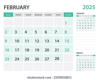 Calendar 2025 template- February 2025 year, monthly planner, Desk Calendar 2025 template, Wall calendar design, Week Start On Sunday, Stationery, printing, office organizer vector