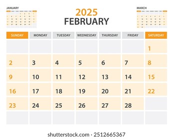 Calendar 2025 template- February 2025 year, monthly planner, Desk Calendar 2025 template, Wall calendar design, Week Start On Sunday, Stationery, printing, office organizer vector, orange background