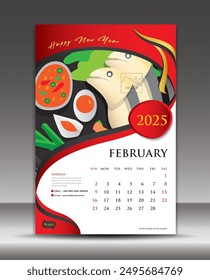Calendar 2025 template food concept vector, February template, Desk Calendar 2025 vector design, Wall calendar 2025 year, printing media, poster, brochure flyer vector, red background