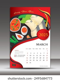 Calendar 2025 template food concept vector, March template, Desk Calendar 2025 vector design, Wall calendar 2025 year, printing media, poster, brochure flyer vector, red background