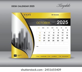 Calendar 2025 template gold concept, October 2025 template, Desk calendar 2025 year on gold backgrounds luxurious concept, Wall calendar design, planner, printing media, flyer, vector