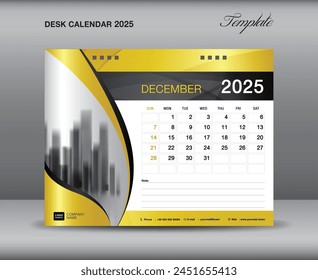 Calendar 2025 template gold concept, December 2025 template, Desk calendar 2025 year on gold backgrounds luxurious concept, Wall calendar design, planner, printing media, flyer, vector