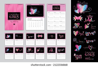 Calendar 2025 template for Holiday, Happy valentine's day concept, Desk calendar 2025 year, Wall calendar 2026 design, Planner, poster, printing, valentine's day element, hearts and love text vector