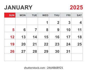 Calendario 2025 Plantilla, Enero 2025 layout, Planificador mensual minimalista imprimible, Calendario de escritorio 2025 Plantilla, Diseño de calendario de pared, Inicio de semana el domingo, Papelería, impresión, color rojo, Vector
