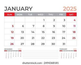 Calendar 2025 template, January 2025 page, Desk calendar 2025 year, planner design, Wall calendar, week starts on sunday, stationery design, Desk office, organizer office, vector eps10