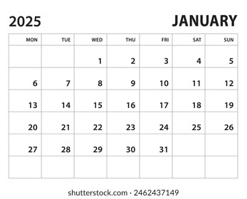 Calendar 2025 template - January 2025 vector on white background, week start on monday, Desk calendar 2025 year, Wall calendar design, corporate planner template, clean style, horizontal template