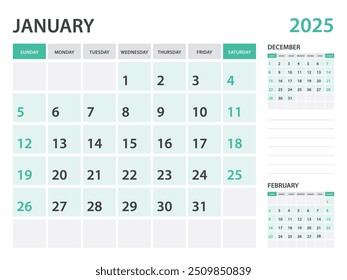 Calendar 2025 template- January 2025 year, monthly planner, Desk Calendar 2025 template, Wall calendar design, Week Start On Sunday, Stationery, printing, office organizer vector