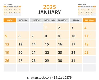 Calendar 2025 template- January 2025 year, monthly planner, Desk Calendar 2025 template, Wall calendar design, Week Start On Sunday, Stationery, printing, office organizer vector, orange background