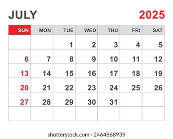 Calendario 2025 Plantilla, diseño de julio de 2025, planificador mensual minimalista imprimible, Plantilla Desk Calendar 2025, Diseño de calendario de pared, Inicio de semana el domingo, Papelería, impresión, color rojo, Vector
