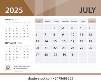 Calendar 2025 template, July 2025 year, Desk Calendar 2025 template, Week Start On Sunday, Wall calendar design, Planner layout, Stationery, Poster, printing media, Brown background vector