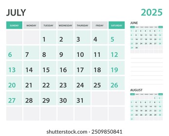 Calendar 2025 template- July 2025 year, monthly planner, Desk Calendar 2025 template, Wall calendar design, Week Start On Sunday, Stationery, printing, office organizer vector