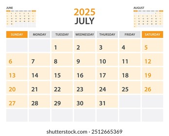 Calendar 2025 template- July 2025 year, monthly planner, Desk Calendar 2025 template, Wall calendar design, Week Start On Sunday, Stationery, printing, office organizer vector, orange background