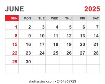 Calendario 2025 Plantilla, diseño de junio 2025, planificador mensual minimalista imprimible, Plantilla Desk Calendar 2025, Diseño de calendario de pared, Inicio de semana el domingo, Papelería, impresión, color rojo, Vector
