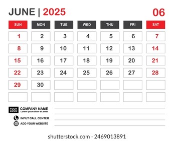 Calendar 2025 template, June 2025 layout, Desk calendar 2025 year, Wall calendar design, Week starts on sunday, Planner, Printing media, poster, organizer, advertisement, Red background, vector