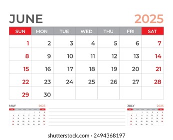 Calendario 2025 Plantilla, junio 2025 página, Calendario de mesa 2025 año, diseño de planificador, calendario de pared, semana comienza el domingo, diseño de papelería, oficina de mesa, oficina organizador, Vector eps10