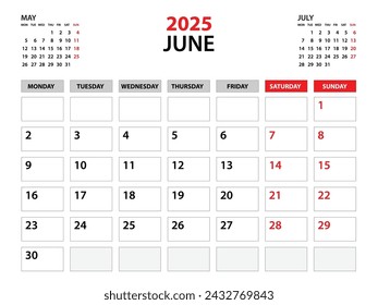 Plantilla de calendario 2025, año junio 2025, plantilla de planificador, planificadores mensuales y anuales, lunes de inicio de semana, diseño de calendario de pared, planificador corporativo, calendario de escritorio 2024, impresión, vector