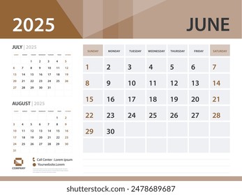 Calendar 2025 template, June 2025 year, Desk Calendar 2025 template, Week Start On Sunday, Wall calendar design, Planner layout, Stationery, Poster, printing media, Brown background vector