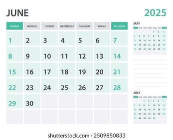 Calendar 2025 template- June 2025 year, monthly planner, Desk Calendar 2025 template, Wall calendar design, Week Start On Sunday, Stationery, printing, office organizer vector