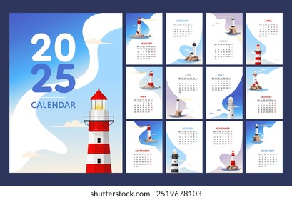 Calendario 2025 Plantilla, faro en la isla por el diseño del mar. Inicio de la semana El lunes, planificador, estacionario, calendario de pared