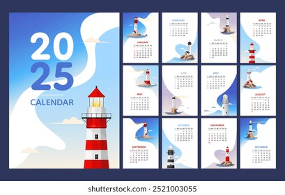 Modelo Calendário 2025, farol na ilha pelo projeto do mar. Início da semana No domingo, parado, calendário de parede