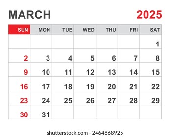 Calendario 2025 Plantilla, diseño de marzo de 2025, planificador mensual minimalista imprimible, Calendario de escritorio 2025 Plantilla, Diseño de calendario de pared, Inicio de semana el domingo, Papelería, impresión, color rojo, Vector
