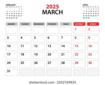 Plantilla de calendario 2025, año de marzo 2025, plantilla de planificador, planificadores mensuales y anuales, lunes de inicio de semana, diseño de calendario de pared, planificador corporativo, calendario de escritorio 2025, impresión, vector