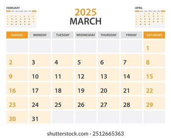 Calendar 2025 template- March 2025 year, monthly planner, Desk Calendar 2025 template, Wall calendar design, Week Start On Sunday, Stationery, printing, office organizer vector, orange background