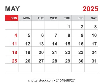 Calendario 2025 Plantilla, diseño de mayo 2025, planificador mensual minimalista imprimible, Plantilla Desk Calendar 2025, Diseño de calendario de pared, Inicio de semana el domingo, Papelería, impresión, color rojo, Vector
