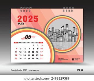 Calendar 2025 template - May 2025 month layout, Desk calendar 2025 year, calendar Planner design, Week starts on Sunday, wall calendar, stationery, organizer office, orange background, vector 