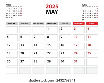 Plantilla de calendario 2025, año de mayo 2025, plantilla de planificador, planificadores mensuales y anuales, lunes de inicio de semana, diseño de calendario de pared, planificador corporativo, calendario de escritorio 2025, impresión, vector