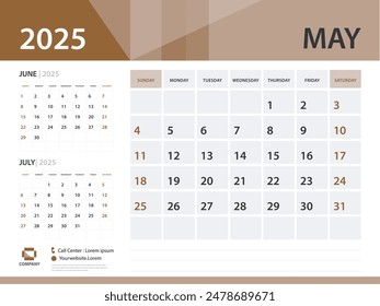 Calendar 2025 template, May 2025 year, Desk Calendar 2025 template, Week Start On Sunday, Wall calendar design, Planner layout, Stationery, Poster, printing media, Brown background vector